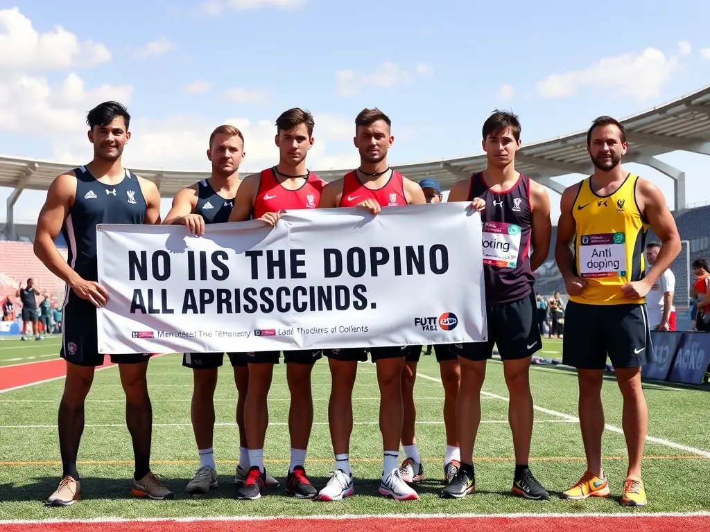 An impactful image showing athletes participating in an anti-doping awareness campaign, emphasizing clean sportsmanship.