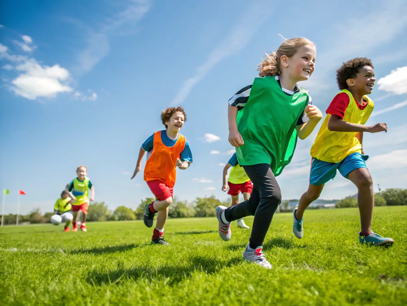 A vibrant image depicting children participating in a community sports day event, showcasing inclusivity and teamwork.