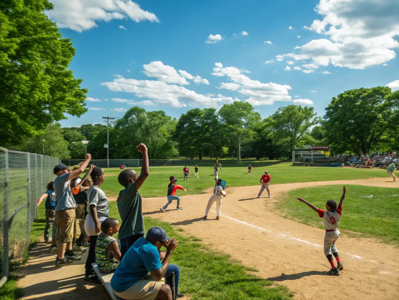 An image of children and adults participating in a community sports event in a park, representing SPORT-ETHIQUE's Sports for All programs.