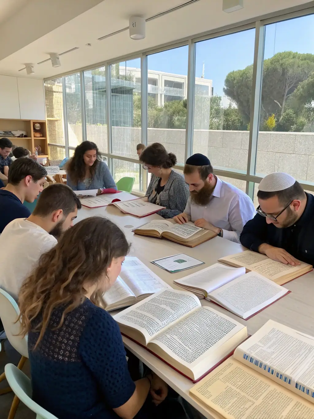 A vibrant photograph capturing a Yiddish language workshop in progress, with diverse participants actively engaging in conversation and learning materials.