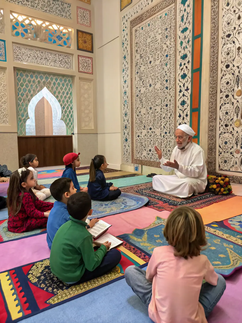 A heartwarming image of children participating in a Yiddish storytelling session, with a storyteller captivating their attention with animated gestures.