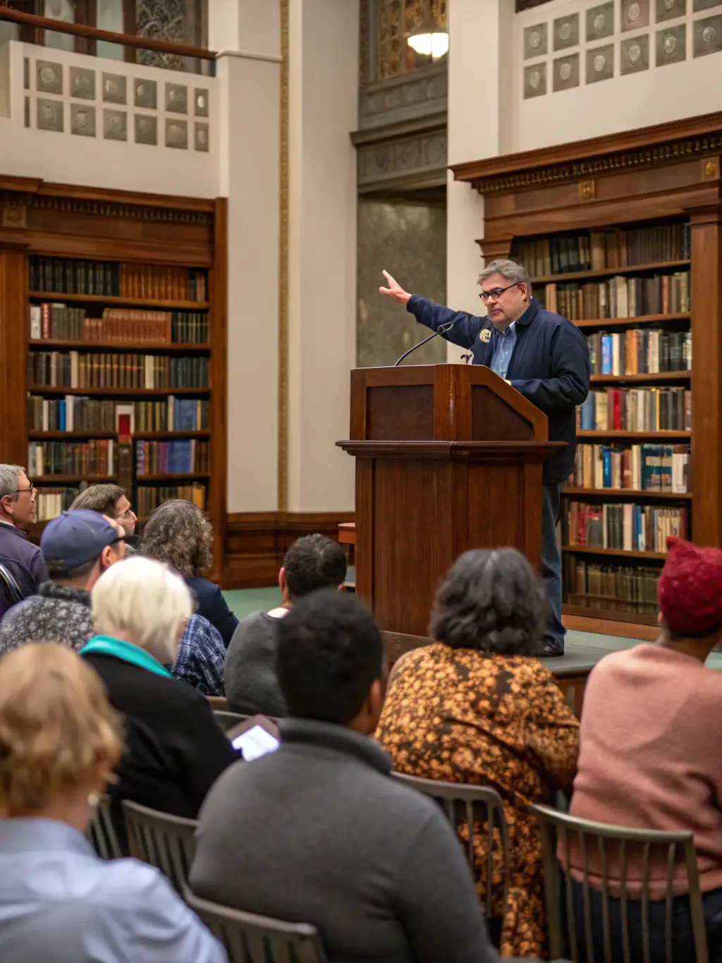 A photograph of a lecture on Yiddish literature, with a knowledgeable speaker presenting to an attentive audience in a library setting.