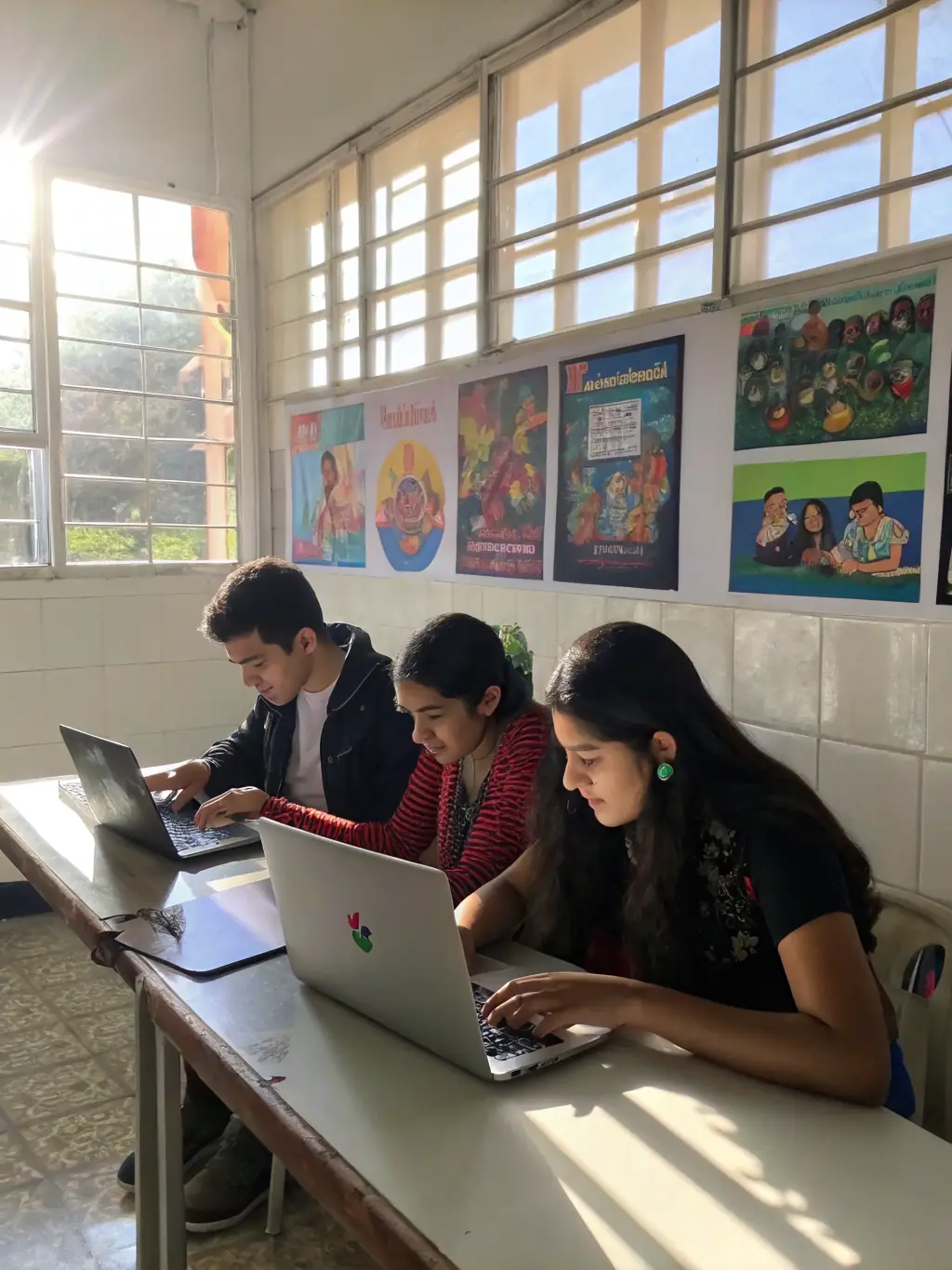 A group of young adults participating in a digital literacy training session, using laptops in a classroom setting.