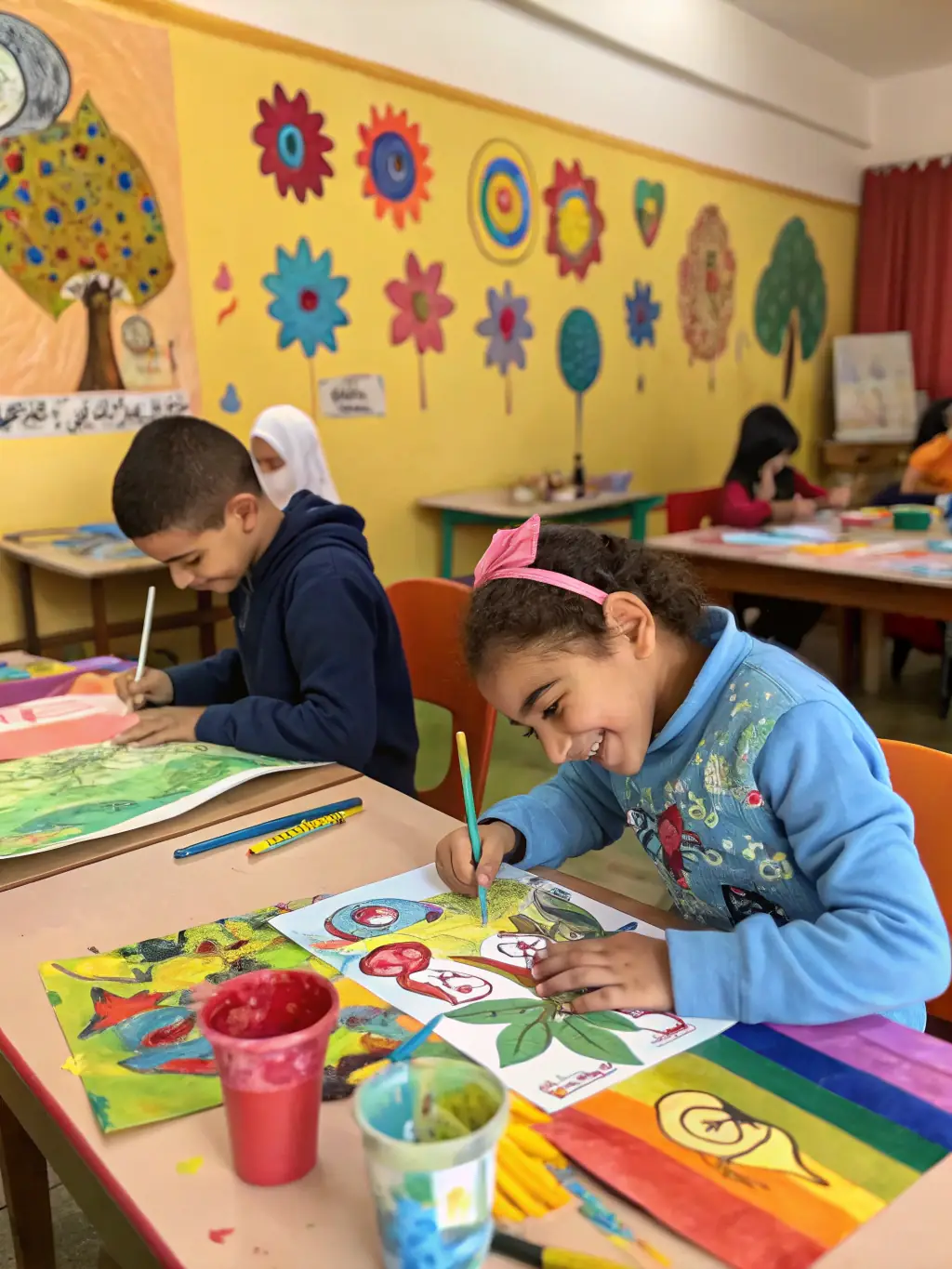 A photograph of a group of children participating in an art workshop, painting and creating artwork, highlighting the educational and creative programs offered by LOISIRS SOLEIL PACA.